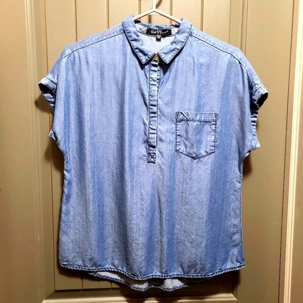 Velvet Heart Denim Chambray Shirt Half Button Down Loose Fit Medium Wash Blue XS